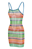 Green Fashion Sexy Print See-through Backless Spaghetti Strap Sleeveless Dress