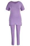 Pink Purple Fashion Casual Solid Slit V Neck Plus Size Two Pieces