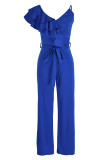 Red Fashion Casual Solid Patchwork With Belt V Neck Regular Jumpsuits
