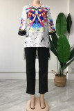 Yellow Fashion Casual Print Patchwork Asymmetrical O Neck Three Quarter Two Pieces