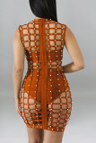 Red Fashion Sexy Solid Hollowed Out Patchwork Beading O Neck Straight Dresses Three Pieces