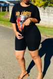 Black Casual Print Patchwork O Neck Short Sleeve Two Pieces