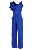 Red Fashion Casual Solid Patchwork With Belt V Neck Regular Jumpsuits