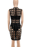Red Fashion Sexy Solid Hollowed Out Patchwork Beading O Neck Straight Dresses Three Pieces