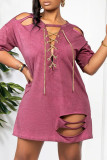 Red Bean Powder Fashion Sexy Solid Ripped Patchwork Chains O Neck T-shirt Dress Dresses