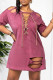 Red Bean Powder Fashion Sexy Solid Ripped Patchwork Chains O Neck T-shirt Dress Dresses
