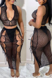 Black Sexy Solid Bandage Hollowed Out Patchwork V Neck Sleeveless Two Pieces
