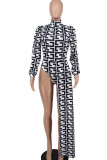 Black White Fashion Casual Print Patchwork Asymmetrical Half A Turtleneck Long Sleeve Two Pieces