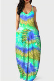 Turquoise Fashion Sexy Casual Print Backless Spaghetti Strap Long Dress