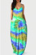 Turquoise Fashion Sexy Casual Print Backless Spaghetti Strap Long Dress