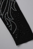Black Fashion Sexy Patchwork Hot Drilling See-through Half A Turtleneck Long Sleeve Dresses