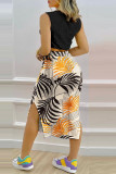Army Green Fashion Casual Print Slit O Neck Sleeveless Two Pieces