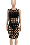 Red Fashion Sexy Solid Hollowed Out Patchwork Beading O Neck Straight Dresses Three Pieces