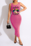 Pink Casual Print Patchwork U Neck One Step Skirt Dresses