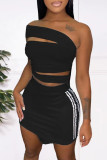 Red Fashion Casual Patchwork Hollowed Out Backless Sleeveless Two Pieces