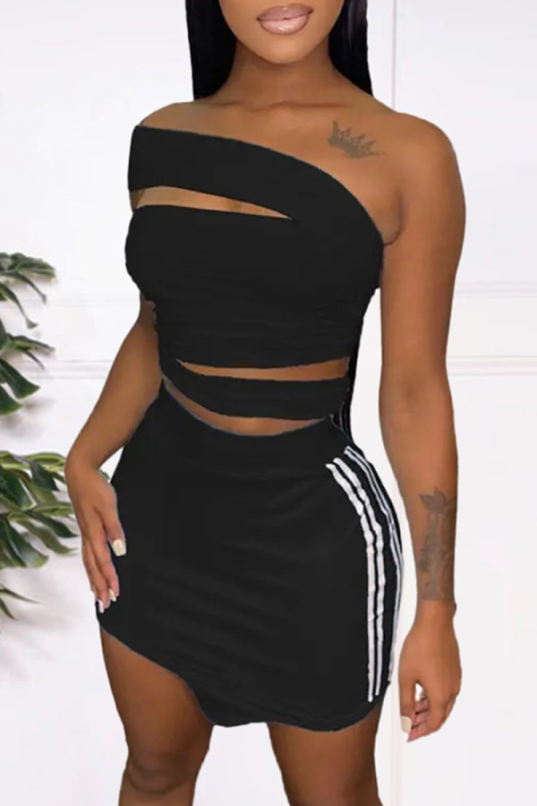 Black Fashion Casual Patchwork Hollowed Out Backless Sleeveless Two Pieces