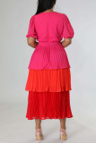 Rose Red Casual Elegant Solid Patchwork Fold O Neck Cake Skirt Dresses