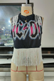 Black Casual Street Print Tassel Patchwork T-Shirts