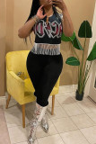 Black Casual Street Print Tassel Patchwork T-Shirts