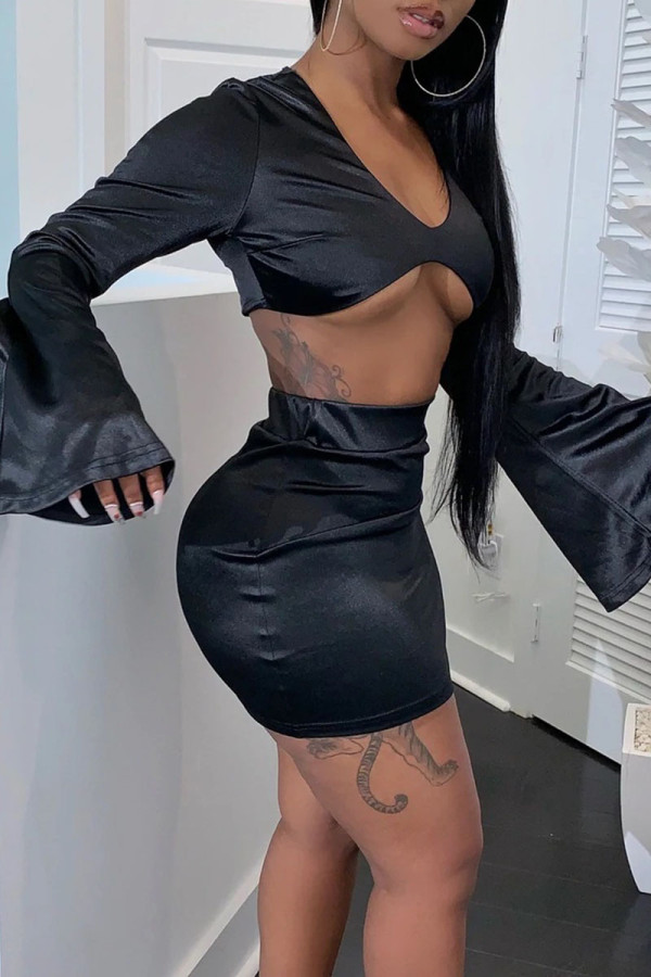 Black Sexy Solid Patchwork V Neck Long Sleeve Two Pieces