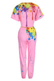 Pink Fashion Casual Print Bandage Hollowed Out O Neck Short Sleeve Two Pieces