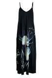 White Fashion Sexy Casual Print Backless Spaghetti Strap Long Dress