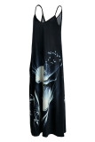 White Fashion Sexy Casual Print Backless Spaghetti Strap Long Dress