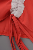 Red Fashion Casual Patchwork Solid Draw String Frenulum Turndown Collar Regular Romper