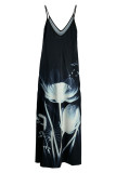 White Fashion Sexy Casual Print Backless Spaghetti Strap Long Dress