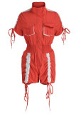 Red Fashion Casual Patchwork Solid Draw String Frenulum Turndown Collar Regular Romper