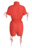 Red Fashion Casual Patchwork Solid Draw String Frenulum Turndown Collar Regular Romper