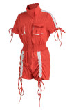 Red Fashion Casual Patchwork Solid Draw String Frenulum Turndown Collar Regular Romper