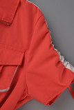 Red Fashion Casual Patchwork Solid Draw String Frenulum Turndown Collar Regular Romper