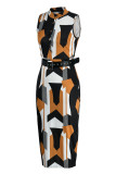 Black Fashion Casual Print Solid Patchwork With Belt V Neck Sleeveless Dress