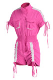 Red Fashion Casual Patchwork Solid Draw String Frenulum Turndown Collar Regular Romper