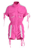 Red Fashion Casual Patchwork Solid Draw String Frenulum Turndown Collar Regular Romper