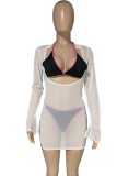 Rose Red Sexy Solid Mesh Halter Long Sleeve Three Pieces