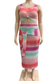 Pink Casual Print Bandage Patchwork U Neck Plus Size Two Pieces