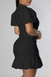 Black Casual Sweet Solid Patchwork Buckle Flounce V Neck Straight Dresses
