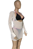 Rose Red Sexy Solid Mesh Halter Long Sleeve Three Pieces
