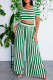 Green Casual Striped Print Patchwork O Neck Short Sleeve Two Pieces