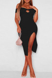 Black Sexy Solid Hollowed Out Patchwork Slit Off the Shoulder Straight Dresses