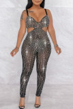 Black Fashion Sexy Patchwork Hot Drilling Hollowed Out Backless Spaghetti Strap Skinny Jumpsuits