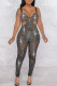 Black Fashion Sexy Patchwork Hot Drilling Hollowed Out Backless Spaghetti Strap Skinny Jumpsuits