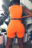 Orange Fashion Casual Sportswear Solid Patchwork V Neck Sleeveless Two Pieces