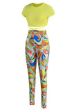 Yellow Sexy Print Bandage Patchwork O Neck Short Sleeve Two Pieces