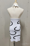 White Fashion Sexy Print Bandage Backless Halter Sleeveless Dress