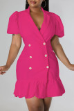 Pink Casual Sweet Solid Patchwork Buckle Flounce V Neck Straight Dresses
