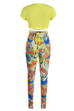 Yellow Sexy Print Bandage Patchwork O Neck Short Sleeve Two Pieces