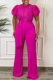 Rose Red Fashion Casual Solid Hollowed Out Patchwork O Neck Regular Jumpsuits